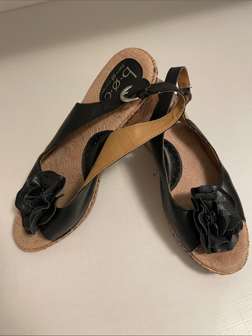b.o.c. Black Leather Flower-Accent Slingback Sandals
